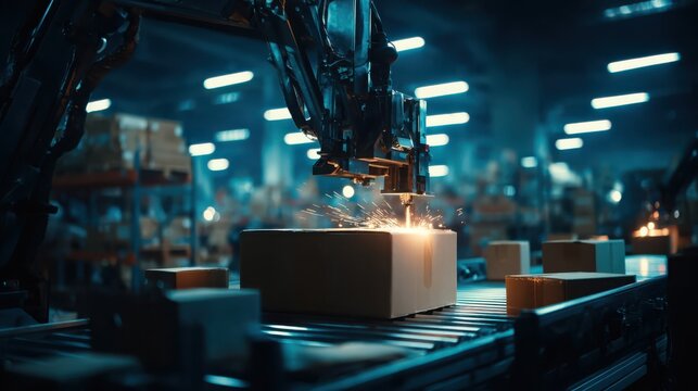 Advanced automated packaging machine sealing cardboard boxes on a factory production line with bright sparks
