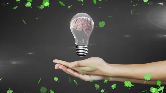 Green petals drifting past palms, hands entering, cupping, holding hovering brain bulb for learning