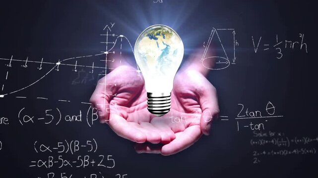 Hands rising, cupping Earth bulb, bulb brightening, chalk formulas animating for math insight