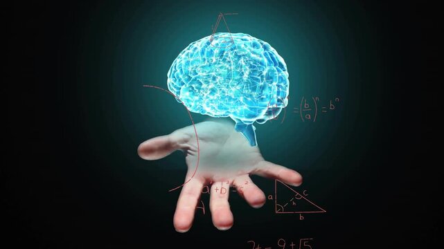 Neon strokes sparking hand rising glowing brain forming above palm math filling void showing ideas