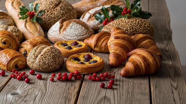 Assorted pastries and breads displayed on a rustic, wooden surface with festive holly
