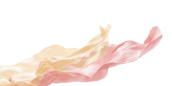 Abstract flowing chiffon sheer fabric in peach pink and golden cream tones isolated on transparent background with copy space for summer fashion and cosmetics 3D render