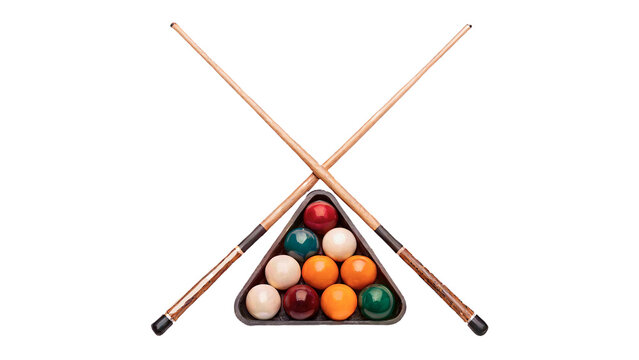 Two pool cues crossed over a triangle rack filled with colored billiard balls isolated on transparent background cut out