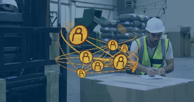 Animated gold network forming, orbiting and obscuring packer while writing shipping notes on carton