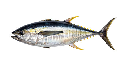 Naklejka premium Isolated yellowfin tuna fish with silver scales and yellow fins on dark background, perfect for seafood, ocean, and marine life concepts, ideal for educational materials and culinary websites