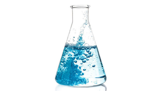 Mixing blue liquid in a glass flask creates bubbles and shows activity in a laboratoryisolated on transparent background cut out