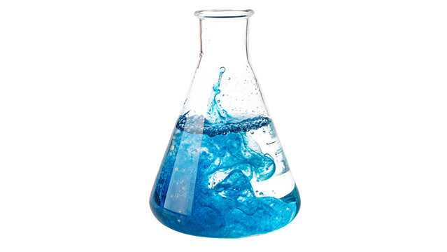Water and blue liquid mixing inside a clear glass flask in a laboratory isolated on transparent background cut out
