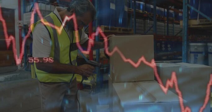 Warehouse packer grabbing box, scanning with scanner, red graph overlaying frame tracking stock