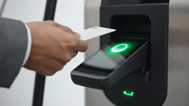 Male hand holding a white card, inserting it into a contactless payment terminal, followed by a smartphone being placed on the terminal for transaction processing