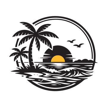 Tropical Sunset Beach Logo Design with Palm Trees | Summer Vacation Island Vector Art