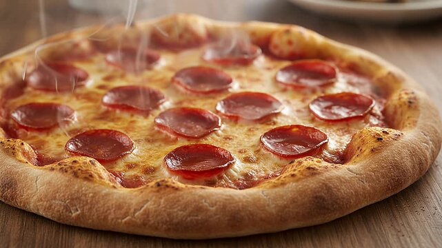pizza pepperoni steaming on wooden table with melted cheese and golden crust