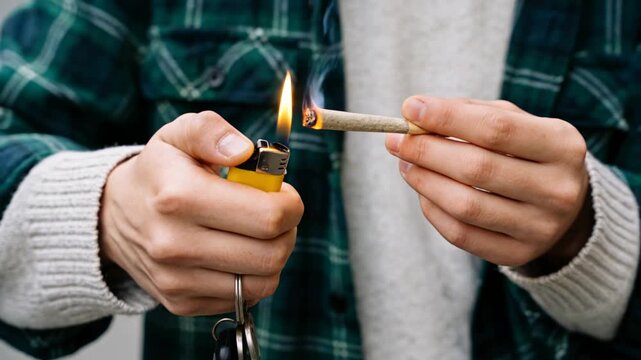 Close-up of hands lighting a marijuana joint with lighter, cannabis smoking and drug use.