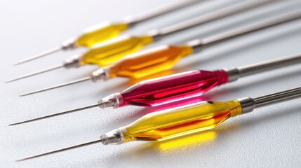 Fototapeta premium Precisely Arranged Laboratory Pipettes Filled With Colorful Liquids