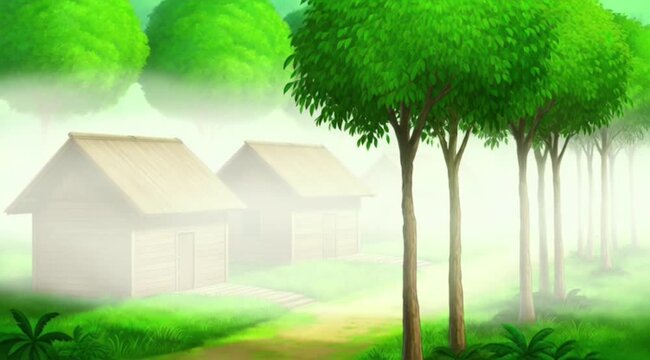 Professional pest control fogging in a rural village with wooden houses to eliminate flying insects and mosquitoes.