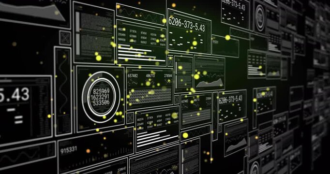 Data wall updating with particle field appearing, camera panning charts updating showing live data