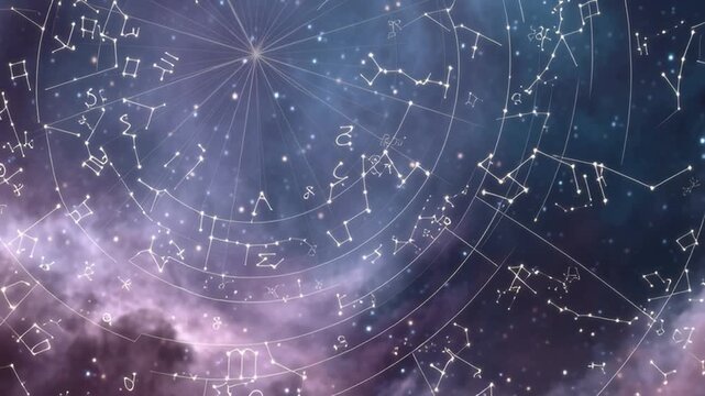 Stars and constellations in the night sky over a cosmic landscape with abstract colors and patterns