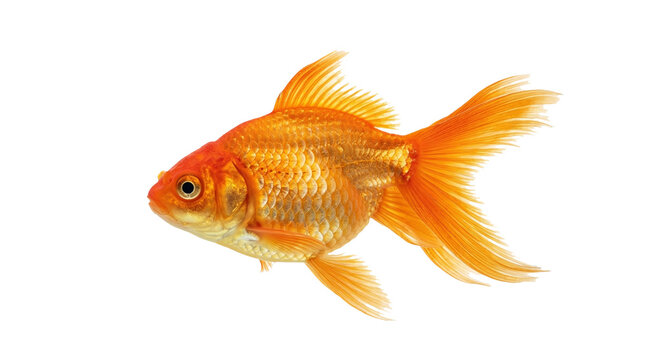 Isolated vibrant orange goldfish with flowing fins and scales on clean black space for design and decoration purposes