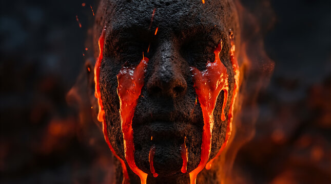 Abstract glowing orange lava liquid human face melting hot magma fire dark stone texture surreal destruction heat power magical fantasy dynamic fluid motion loop cinematic background