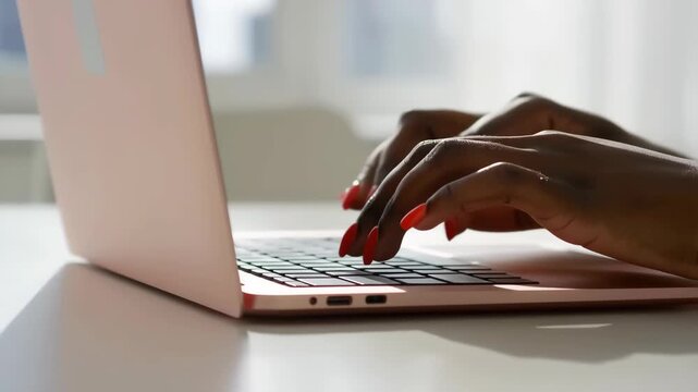 Laptop rose gold with black keyboard and woman's hands typing featuring orange nails, computer, technology with work and office elements for