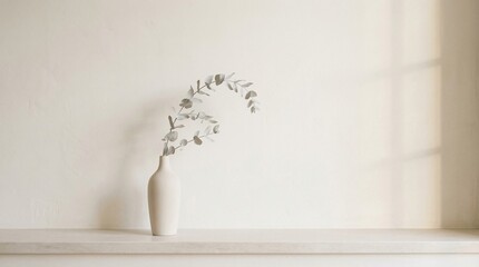 Elegant white vase with eucalyptus on modern shelf © Sithija
