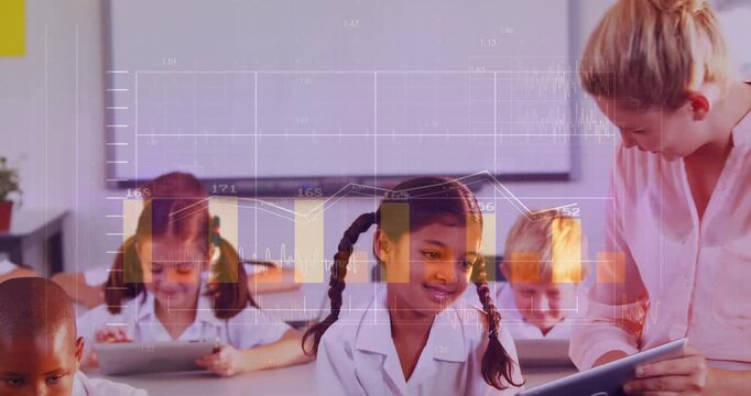 Teacher showing tablet while leaning, student reaching and tapping as charts overlay to aid lesson