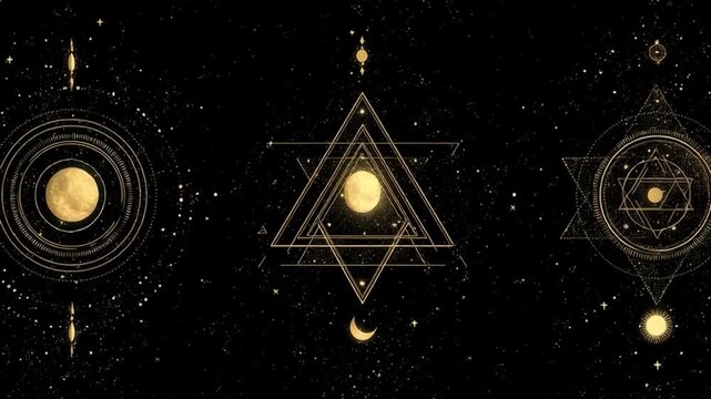 Artwork shows celestial symbols and shapes with moons and stars on a dark background showing connections to space and time