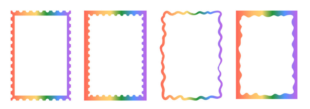 Retro whimsical rainbow gradient frame set with scalloped and wavy hand-drawn borders. Vibrant multi colored frames for greeting cards, menu, gift tags, and modern stationery. Vector illustration.