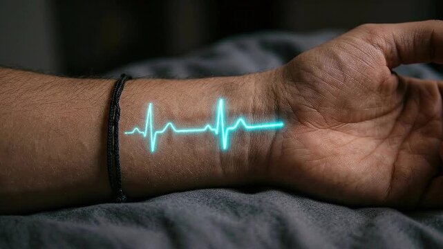 Biofeedback data glowing heartbeat line wrist and heart rate waveform pulse tattoo neon medical wrist pulse monitoring, glowing neon biofeedback data
