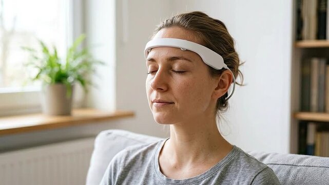 Biofeedback data headband neurotechnology wearable monitors brainwave meditation relaxation at home woman meditating with closed eyes calm expression