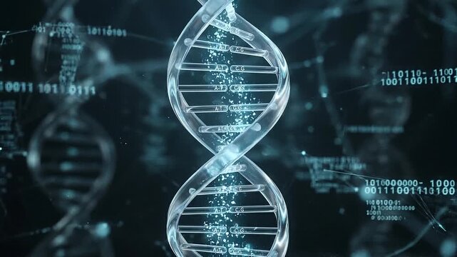 Biofeedback data molecular double helix DNA genetic sequence glowing with digital code and molecular network visualization dark lab for scientific