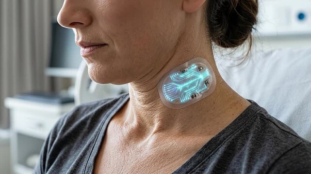 Biofeedback data wearable patch neck with glowing sensor circuit monitoring health and relaxation, soft adhesive wearable sensor for real time