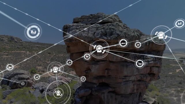 Stacked butte anchoring map HUD while center icon spawning nodes and lines spreading for mapping