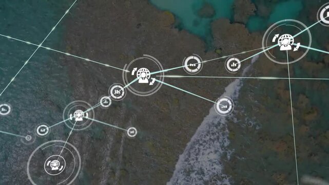 Network overlay pulsing from central hub, extending lines and nodes, visualizing coastal reef data