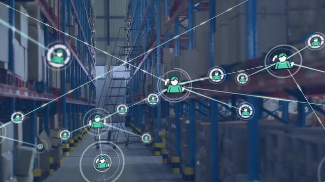Teal central avatar appearing sending lines, creating connected avatars to show warehouse teamwork