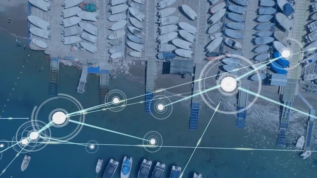 Marina area receiving data feed, expanding maritime network mapping boats with glowing nodes, lines