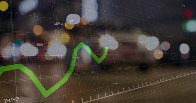Green line chart drawing across night bokeh street on market input, updating ticks, showing growth