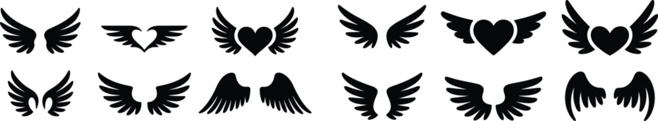 Obraz premium Angel wings and heart silhouettes collection, flying feather wing symbols love romantic fantasy tattoo emblem set