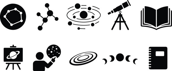Astronomy and science education icons set, telescope, solar system, molecules, galaxy orbit, space study vector glyph symbols © LatifunNahar