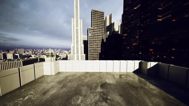 Minimal rooftop foreground with geometric parapet and Dallas skyscrapers framing horizon, stark light emphasizes lines, angles and modern architectural patterns