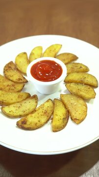Delicious Roasted Potato Wedges with Chili Flakes and Tomato Sauce Dip