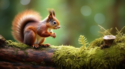 A Curious Red Squirrel Perches on a Mossy Log Amid Forest Greenery and Sunshine