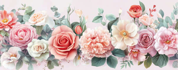 Fototapeta premium Soft Watercolor Floral Banner with Pink and Peach Flowers