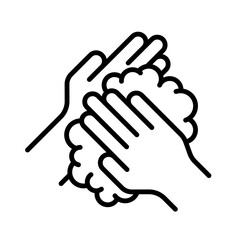Obraz premium Washing hands to keep clean icon set. Disease prevention protect, sanitizer, antiseptic, antibacterial symbols. Wash hands rinse water, foam cream, tap, soap, label, badge, logo, black, line, vector.