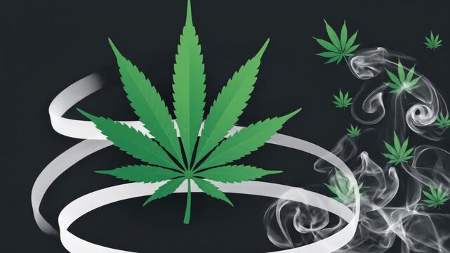 Marijuana leaf floating inside a glass bubble, emerging into plumes of thick white smoke. Botanical illustration of cannabis showing organic growth and vapor.