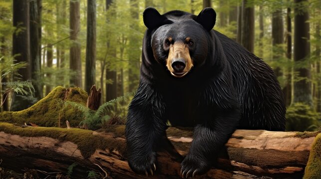 A Majestic Black Bear Standing on a Fallen Log in a Dense Green Forest