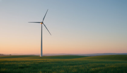 Fototapeta premium Single Wind Turbine Generating Sustainable Energy in Green Rolling Hills