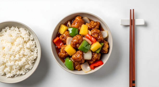 Delicious Chinese sweet and sour chicken flat lay with rice, overhead view.