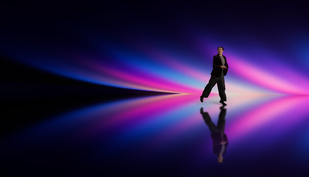 Woman walking light trail scene with vivid neon reflection