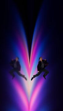 Woman jumping neon beam scene with vivid motion and blur