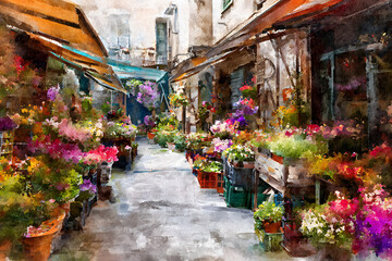 A lively watercolor picture portraying a charming street market alley full of colorful flowers and stalls.